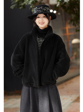 忘城H1402座/黑色生命力/冬新款羊毛混纺黑色外套保暖羊羔绒上衣