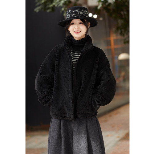 忘城H1402座/黑色生命力/冬新款羊毛混纺黑色外套保暖羊羔绒上衣