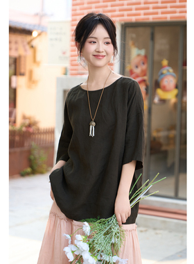 忘城A1356座/乌木沉夏/夏季21支干洗亚麻一字圆领落肩小衫中袖T恤