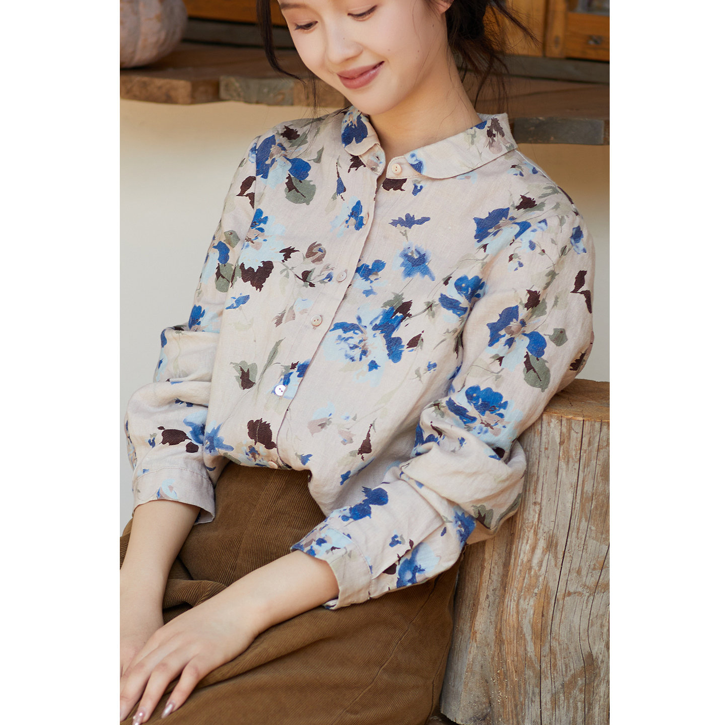 忘城T619座/秋实/秋季新款14支亚麻撞色水彩印花衬衫正肩显瘦衬衣