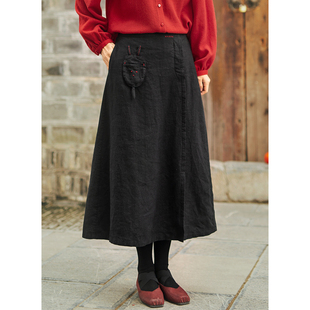 忘城H297座 2022冬6支加厚亚麻绗棉保暖兔子黑色半身裙 春暖花开