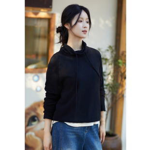 忘城N875座 秋季 新款 重磅300G黑色双面磨毛德绒卫衣高领套头 墨白