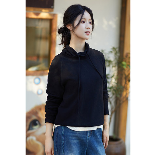 忘城N875座/墨白/秋季新款重磅300G黑色双面磨毛德绒卫衣高领套头