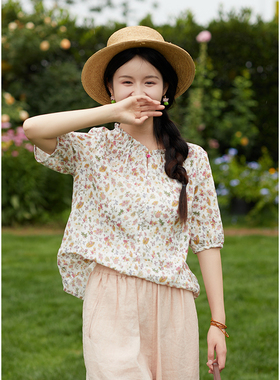 忘城Y768座/夏日花语/夏季新款21支亚麻减龄感花色印花花边领小衫