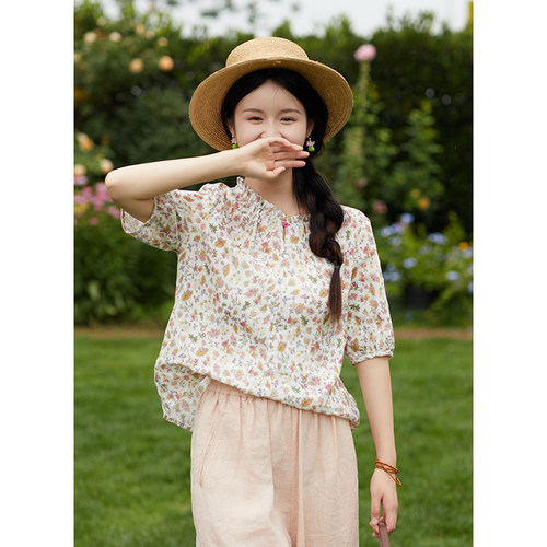 忘城Y768座/夏日花语/夏季新款21支亚麻减龄感花色印花花边领小衫
