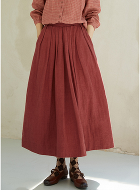 忘城Y525座/山谷的风/早秋新款9支亚麻磨毛a字红色半身裙女双层