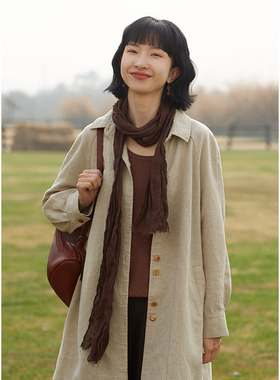 忘城X-156座/2024早春新品咖色全亚麻文艺复古围巾女