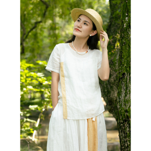 新款 忘城Y216座 2023夏季 夏天 100支苎麻白色拼接圆领T恤 初熟