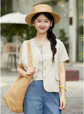 忘城T515座/夏季新款亚麻棉中式国风绣花马甲外套薄款女外搭减龄