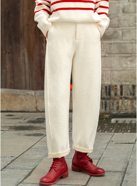 忘城N138座/半生雪/2022秋冬新款32支澳毛棉白色香蕉裤保暖羊毛裤