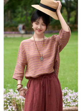 忘城H1601座/两颗西柚/夏季17支色织亚麻条纹文艺小衫女圆领上衣