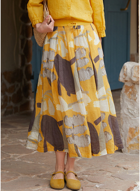 忘城H1114座/故事里的小黄花/春季42支苎麻原创文艺印花a字半身裙