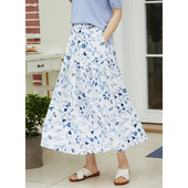 忘城Y440座 24夏进口亚麻棉混纺蓝色绣花拼接a字半身裙 蓝色生活
