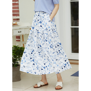 忘城Y440座 24夏进口亚麻棉混纺蓝色绣花拼接a字半身裙 蓝色生活