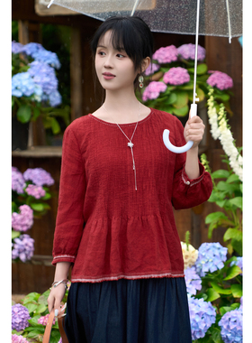 忘城A1305座/如花绚烂/夏季新款17支色织亚麻红色牙签褶小衫上衣