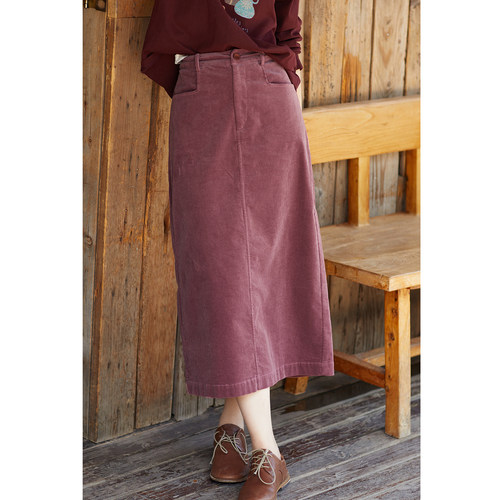 忘城T598座/凉秋树莓/秋款棉氨纶混纺优雅气质直筒灯芯绒半身裙女