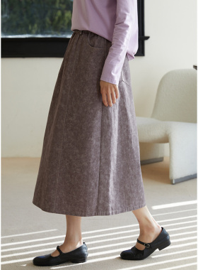 忘城H1076座/丁香客/25春季斜纹全棉紫灰色印花做旧感小A半身裙