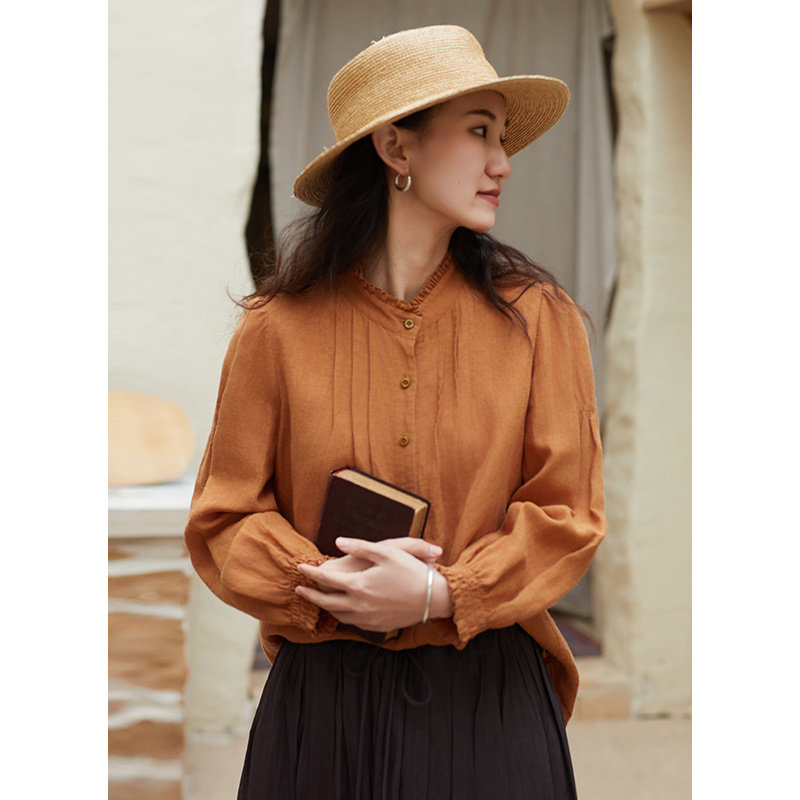 忘城H1131座/春日阳光/春14支高密干洗亚麻设计感立领木耳边衬衫