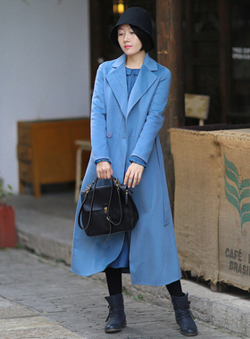 忘城C898座/航城/冬新款保暖全澳毛水波纹双面呢蓝色毛呢大衣女