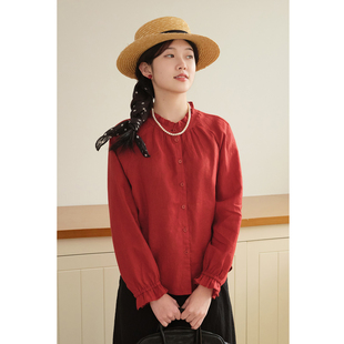 红 女长袖 宣言 14支亚麻红色衬衫 宽松上衣 26春新款 忘城A1205座