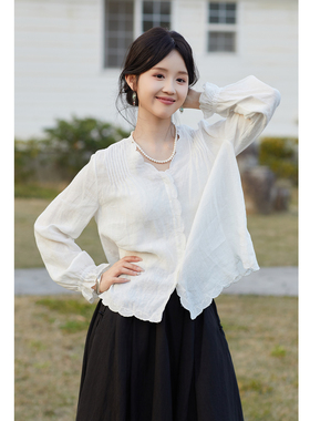 忘城A1227座/白云之下/26春款36支亚麻白色V领花边衬衫女文艺小衫