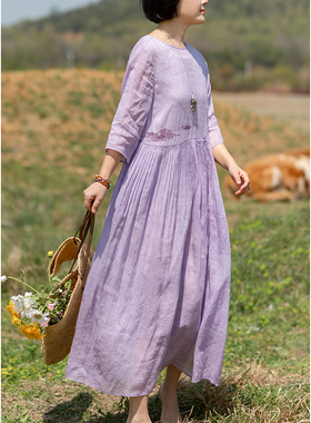 忘城S562座/紫色的梦/2022夏新品苎麻天丝浪漫紫色绣花飘逸连衣裙