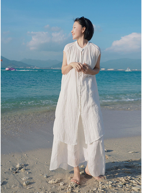 忘城C1105座/光的痕迹/夏季新款色织稀疏亚麻白色a字衬衫式连衣裙