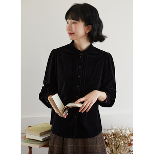 100%精梳棉黑色复古平绒立领衬衫 忘城H982座 秋冬新款 冬天 温柔
