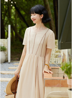 忘城T352座/芝士奶盖/2024夏气质苎麻天丝a摆收腰显瘦v领连衣裙女