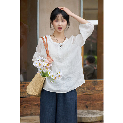 春夏42支苎麻白色绣花文艺T恤女