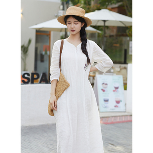 新款 夏季 100支极细苎麻白色双层刺绣连衣裙 郁见夏天 忘城N755座