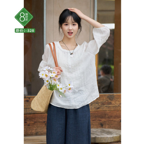 春夏42支苎麻白色绣花文艺T恤女