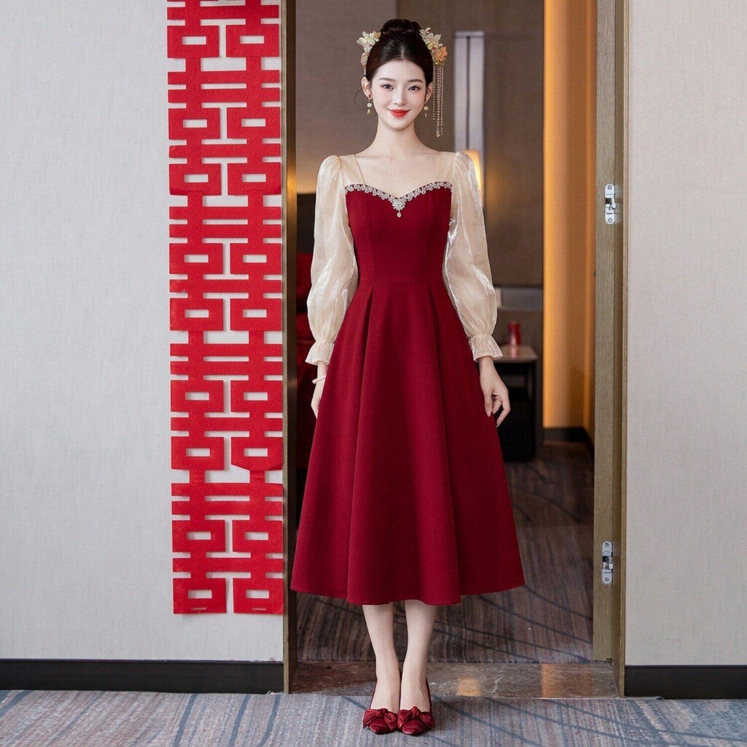 红色拼接长袖敬酒服女钉珠小个子收腰A字中长裙新娘订婚宴会礼服