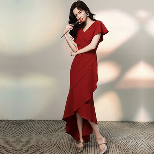 小个子晚礼服宴会气质年会法式轻奢小众荷叶边主持鱼尾连衣裙长裙