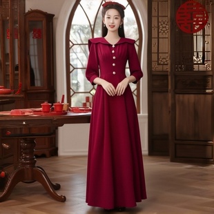 气质红色敬酒服新娘高级感长袖 长裙主持人 订婚礼服连衣裙回门便装