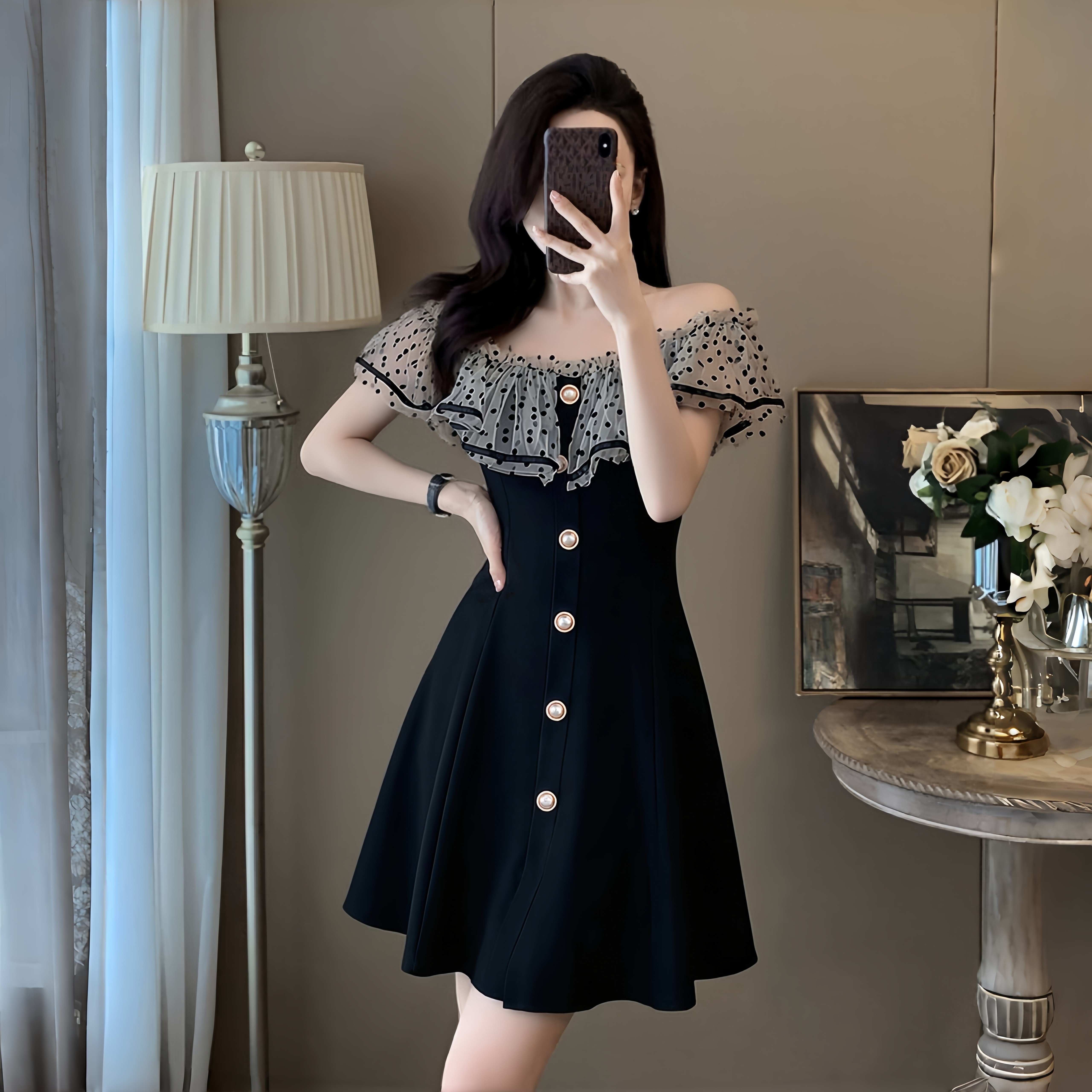 法式复古赫本风荷叶边高级感修身显瘦一字领连衣裙名媛气质短裙女,女装/女士精品,连衣裙,淘宝优惠券,粉丝福利购,淘宝优惠卷