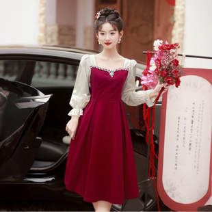 连衣裙回门服小个子连衣裙 礼服长袖 高级敬酒服新娘订婚宴便装 法式