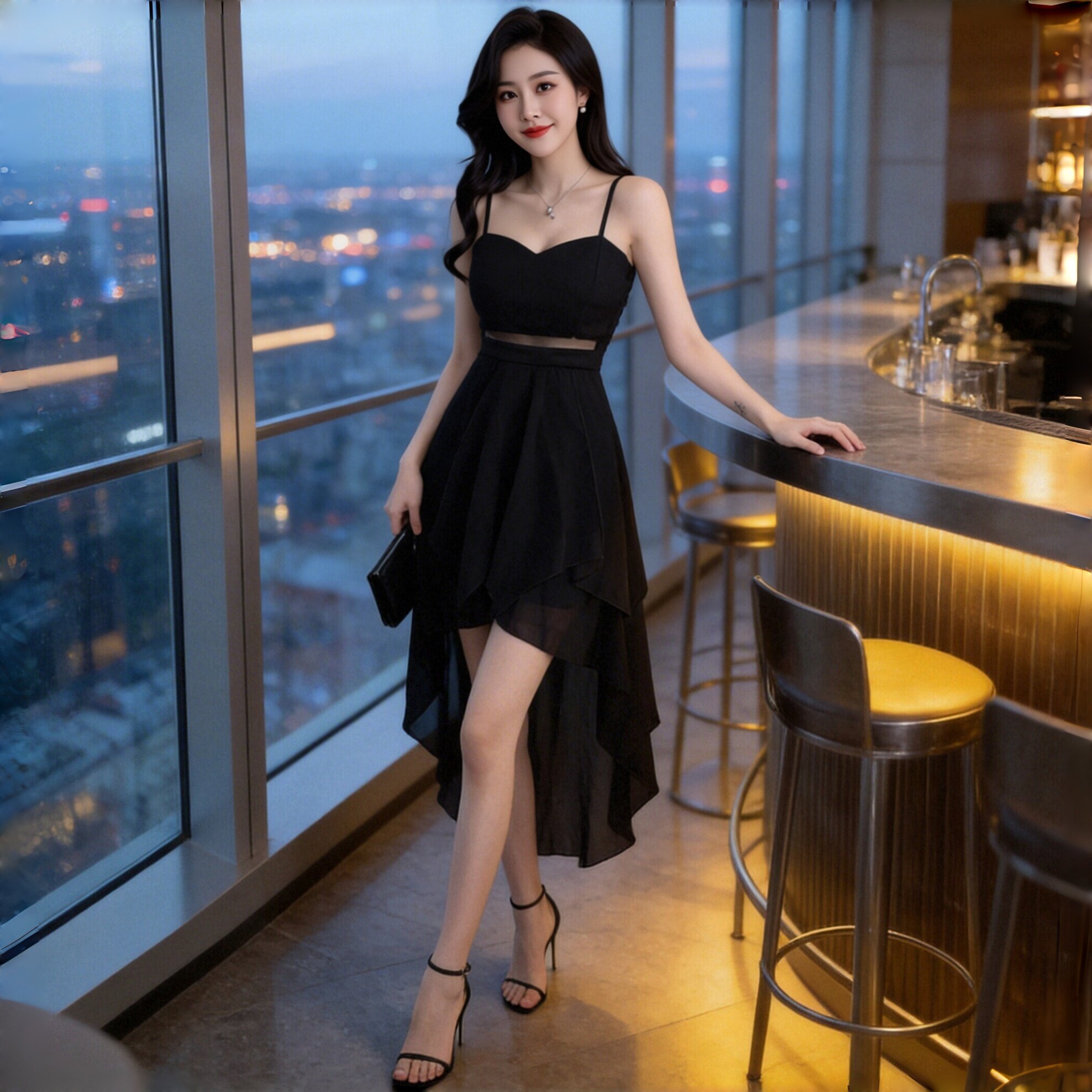 御姐风黑色吊带不规则连衣裙收腰显瘦性感露腰气质燕尾礼服中长裙