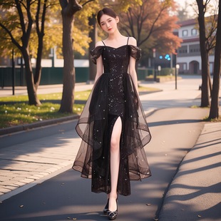 黑色吊帶一字肩晚禮服女高端藝考宴會(huì)主持高級(jí)感成人禮網(wǎng)紗蓬蓬裙