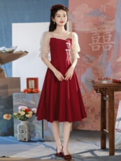 Вечерние платья 敬酒服2025新款新娘酒红色拼接网纱裙子小个子日常礼服回门连衣裙