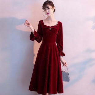 中长裙女 连衣裙便装 敬酒服新娘小个子秋冬季 酒红色订婚礼服喇叭袖