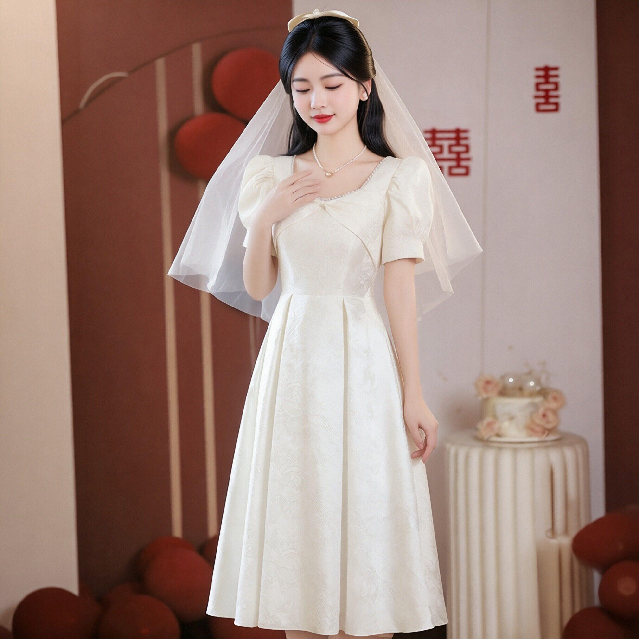 法式方领泡泡袖订婚结婚连衣裙提花收腰A字中长裙新娘敬酒小礼服