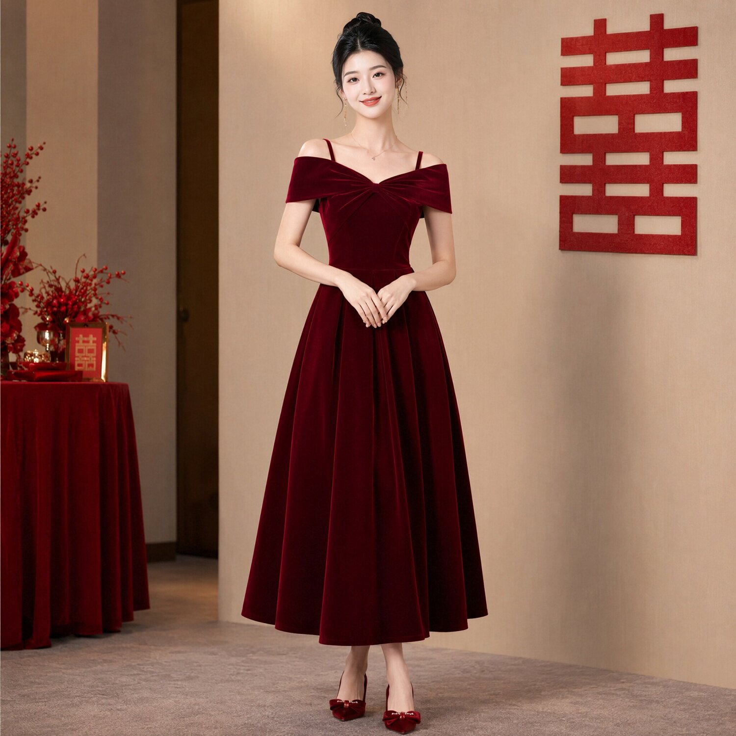 酒红丝绒一字肩蝴蝶结吊带敬酒服大摆新娘订婚回门宴显白气质礼服