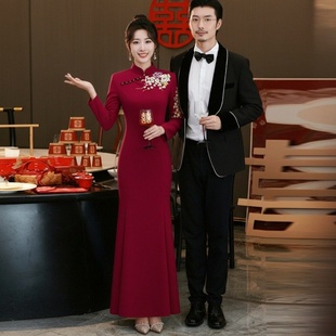 新中式旗袍新娘立领敬酒服高级感红色晚礼服宴会主持人订婚鱼尾裙