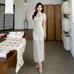 新中式旗袍晚礼服高级感夜总店性感立领连衣裙开叉显瘦柔式技师女