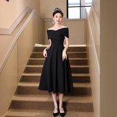 赫本风黑色一字肩晚礼服平时可穿法式 宴会小个子连衣裙 高级感洋装