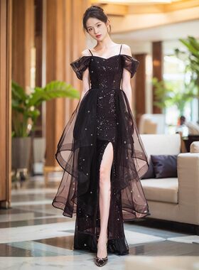 优雅一字肩蓬蓬裙长裙礼服