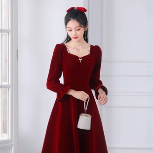 法式 秋冬 金丝绒敬酒服新娘订婚礼服裙小个子日常可穿红色回门便装