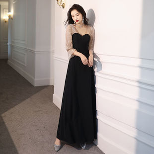 黑色宴会晚礼服女气质轻奢日常拼接网纱连衣裙长款高级感平时可穿