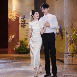 香槟中式 礼服回门宴女 订婚连衣裙平时可穿改良旗袍敬酒服新娘便装